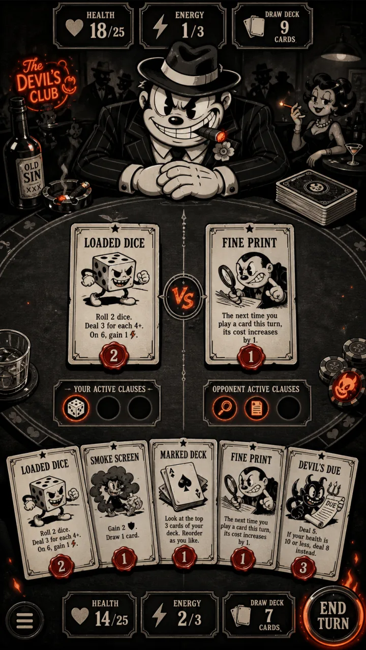 Card duel screen in a 1930s rubber-hose cartoon noir style: two clause cards played across the table from the gangster boss, with health, energy and draw-deck counters, scored 8.5 out of 10