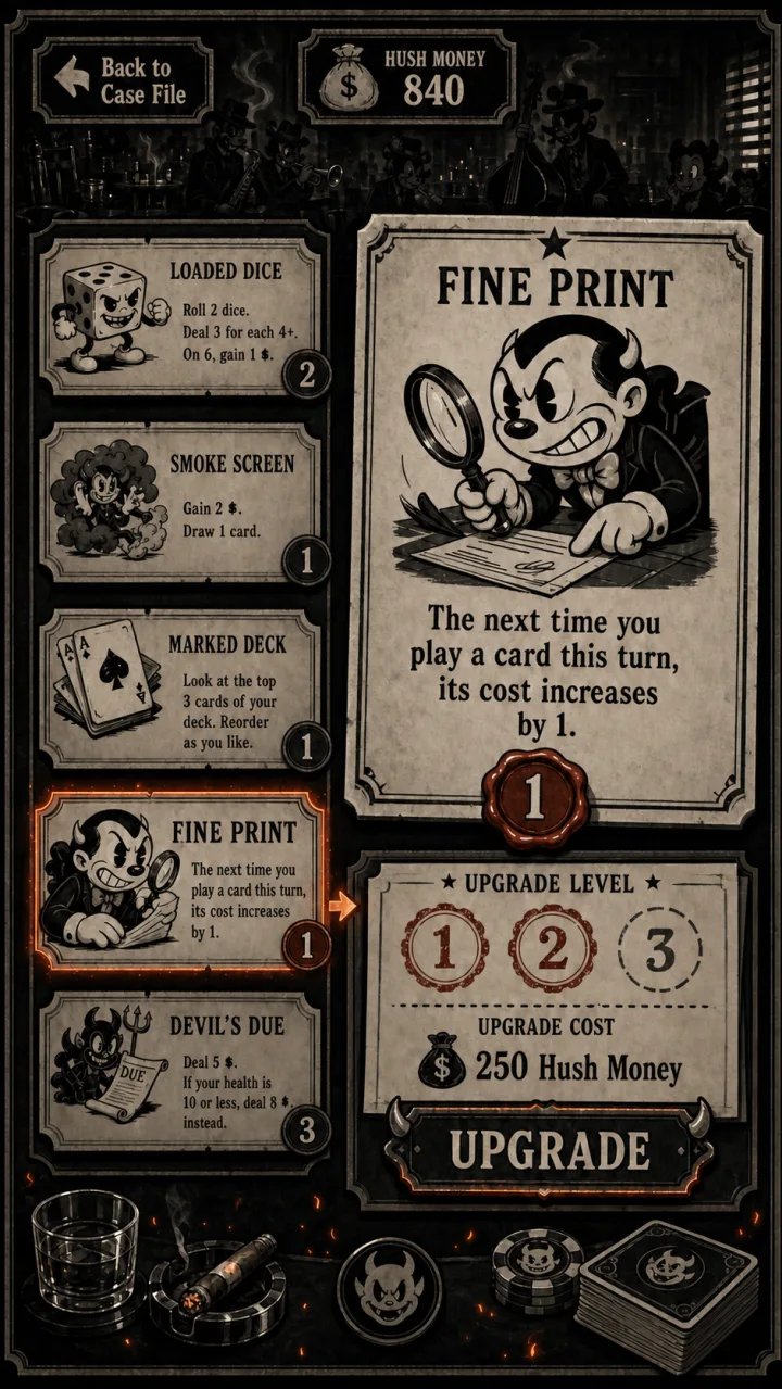 Card upgrade screen in a 1930s rubber-hose cartoon noir style: the Fine Print clause card enlarged beside a three-step upgrade track, scored 8.3 out of 10
