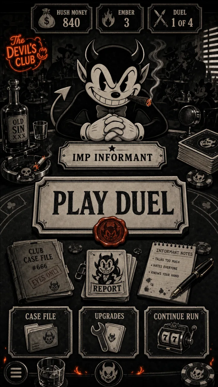 Underworld hub screen in a 1930s rubber-hose cartoon noir style: a neon club sign, an imp informant and a Play Duel button, scored 8.3 out of 10