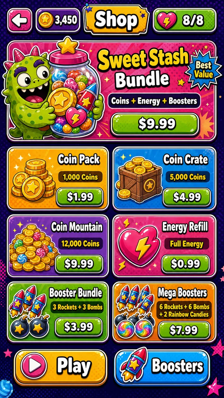 Generated mobile candy-shop screen in a loud comic style, scored 8.4 out of 10 by the loop